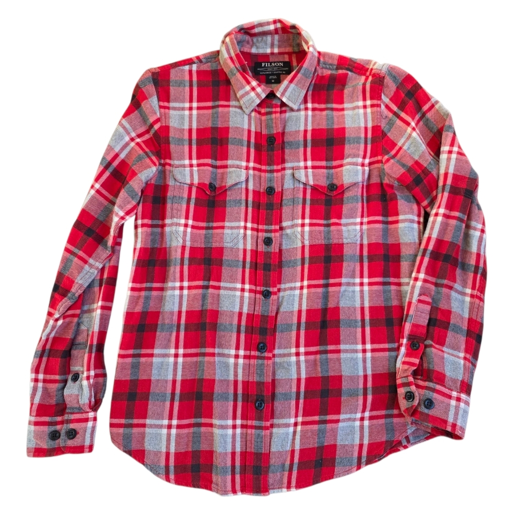 Filson Red & Heather Gray Plaid Flannel Button Down Shirt Size M
